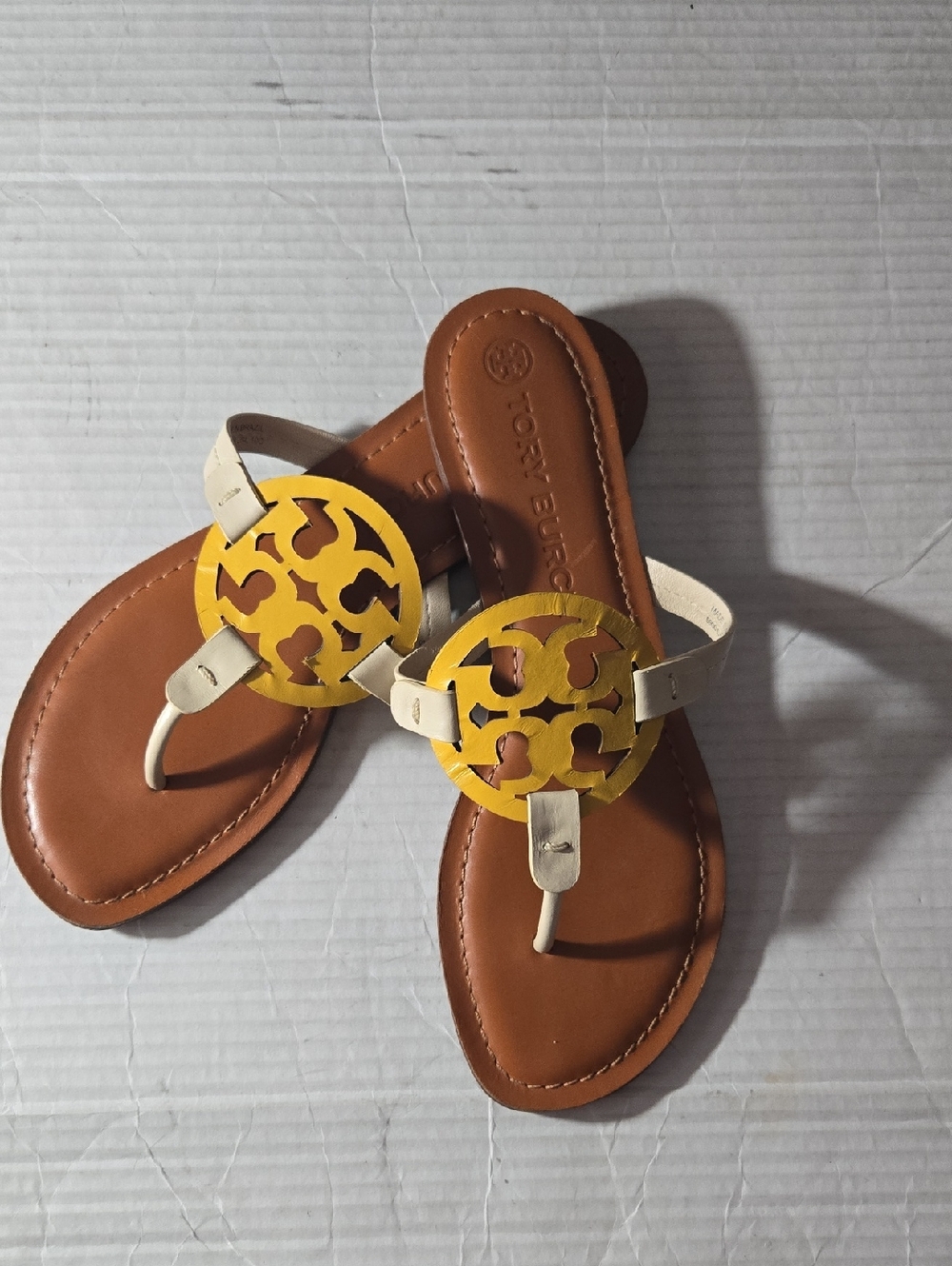 Tory Burch Tan Leather Sandals with Yellow Logo Medallion